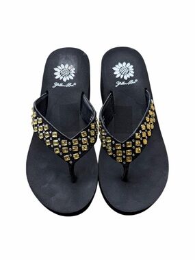 Yellow Box Black Thong Sandals with Gold Stud Detailing